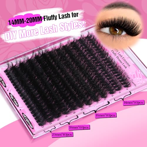 Yawamica Fluffy Lash Clusters Thick 200D Volume Eyelash Clusters 14-20mm Wispy Individual Lashes D Curly Cluster Eyelash Extensions 240pcs DIY Lash Extension for Beginners